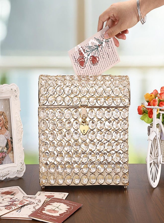 ELLDOO Crystal Wedding Card Box with Heart Lock, Money Card Box Treasure Chest Style Gold Gift for Wedding Receptions Centerpiece Decor Anniversary Keepsake Gift Display Csae, Medium - Image 3